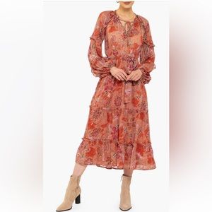 August silk ruffle long sleeve midi dress sz med